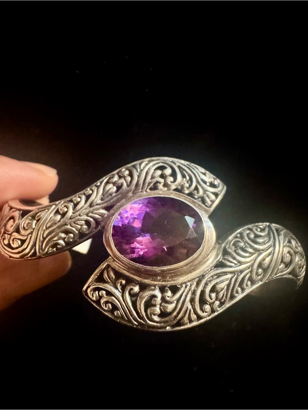925 Silver Filigree Cuff Bracelet with Purple Amethyst Center
